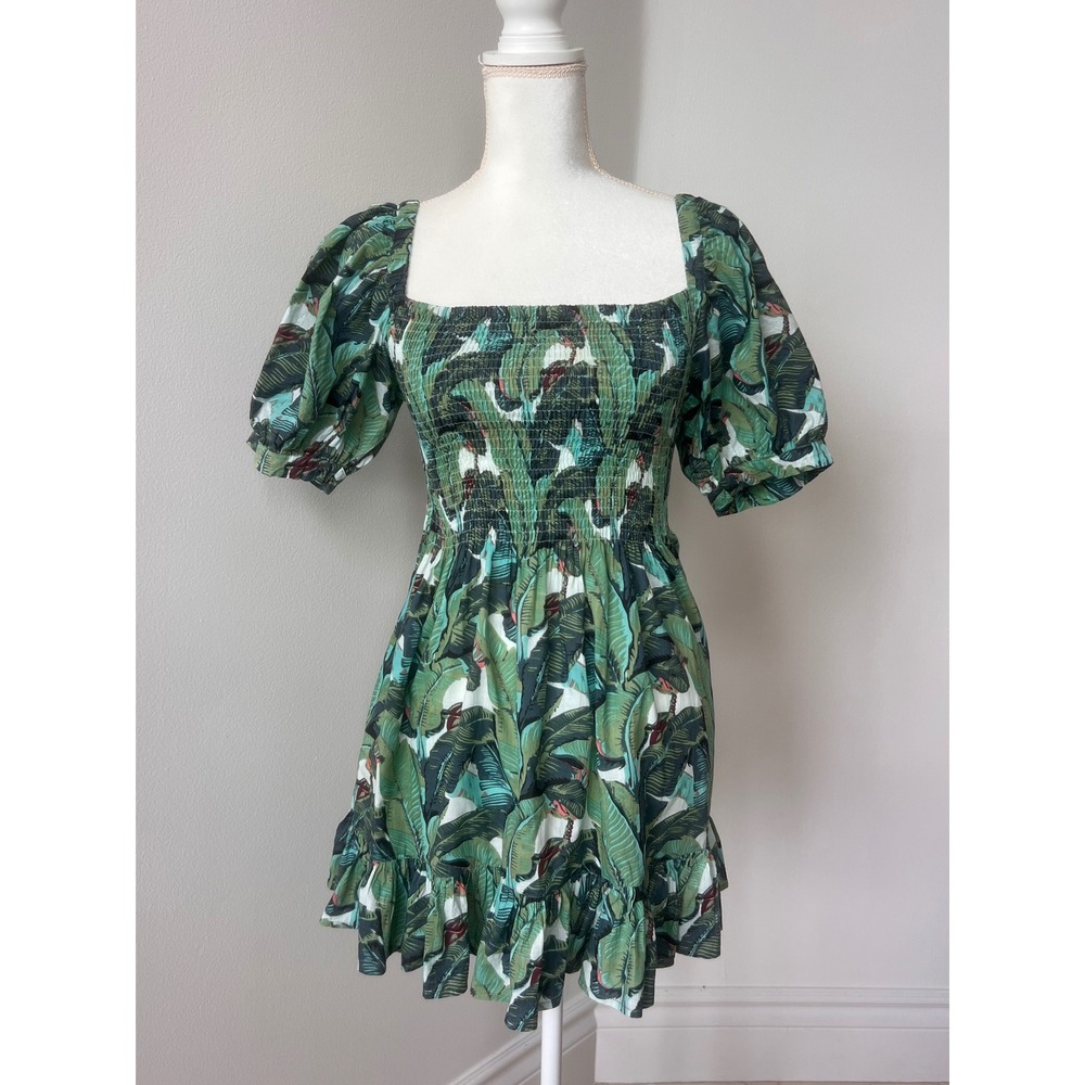 Mary Marshmallow green tropical puff sleeve mini dress size medium